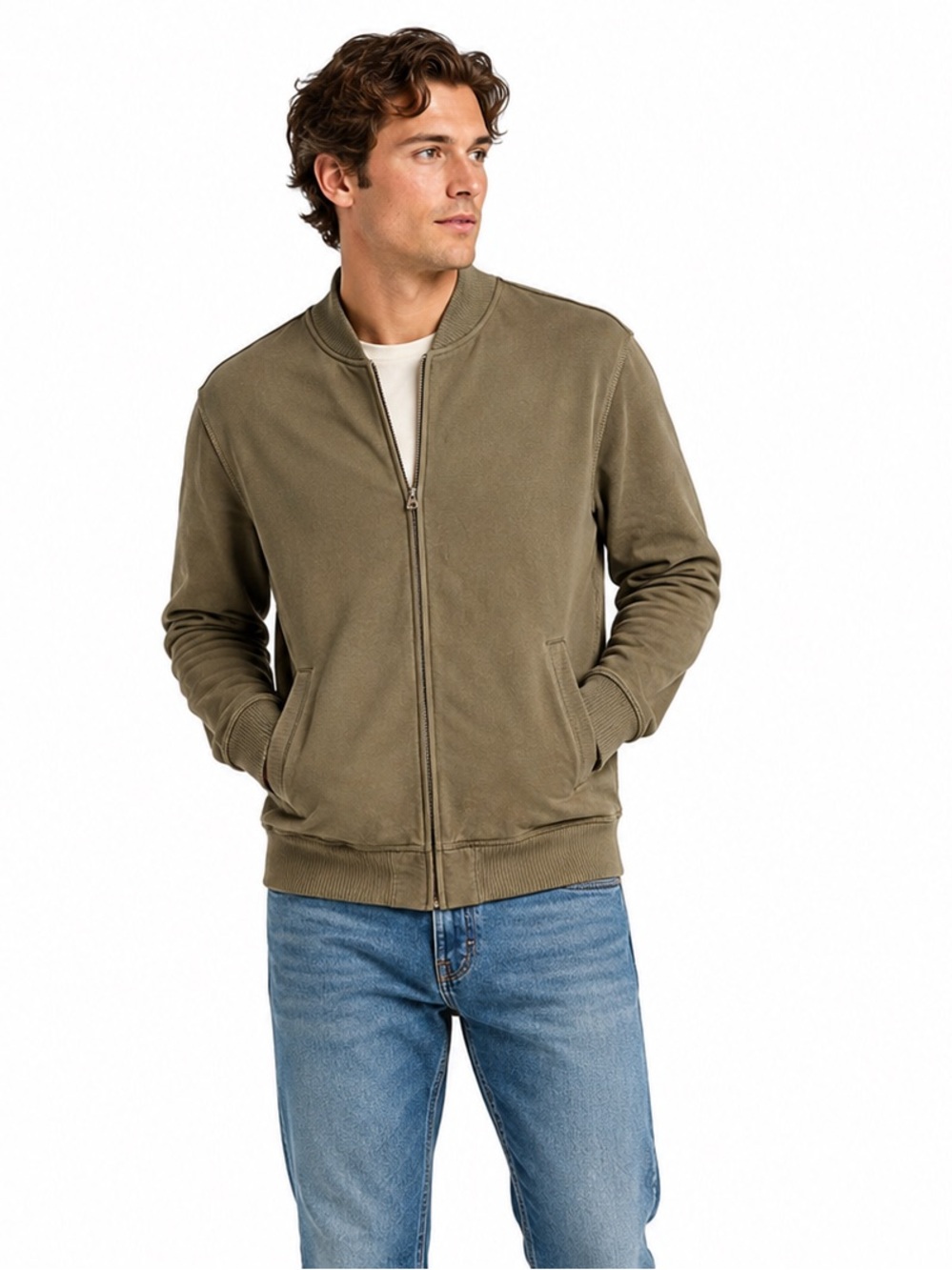 J. Crew Olive Cotton Knit Bomber Hoodie Jacket